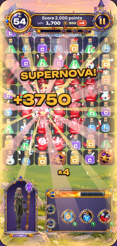Game screenshot: The round screen: a panel with the goal and the bar at the top, the board of potions and the hero with a staff below