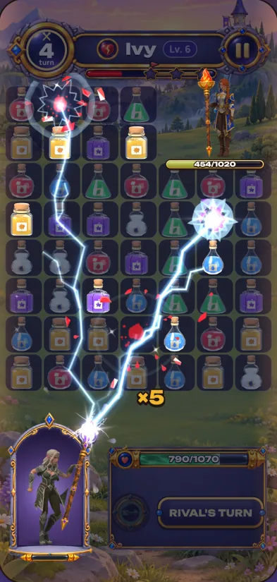 Game screenshot: A duel on a shared board of potions