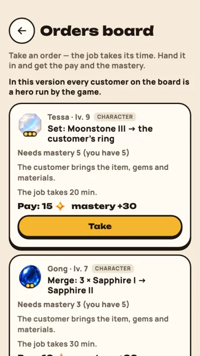 Game screenshot: The orders board: orders with the customer's name and level, the job, the time and the pay