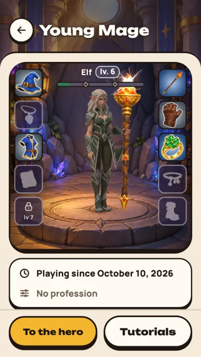 Game screenshot: A hero page: the hero with a staff, worn gear around, and below — the day they joined the game and a line about the profession