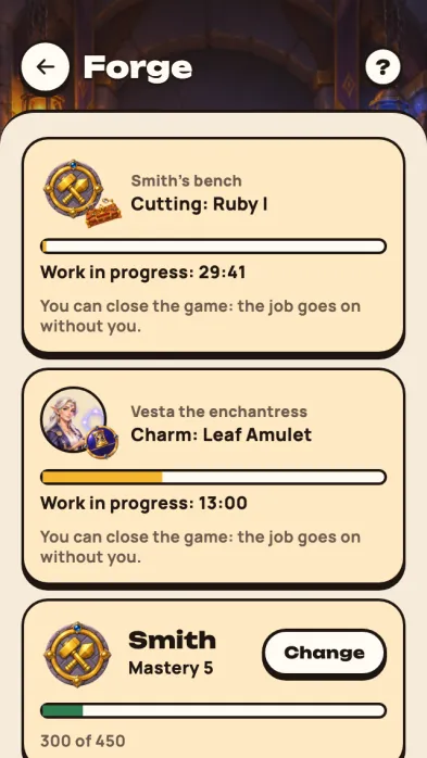 Game screenshot: The forge: job cards with the time left and a line saying the work goes on without the player
